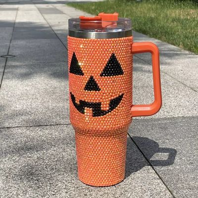 Σχεδίαση Halloween 40oz Rhinestone Tumbler με μοτίβο κολοκύθα και ανοξείδωτο χάλυβα
