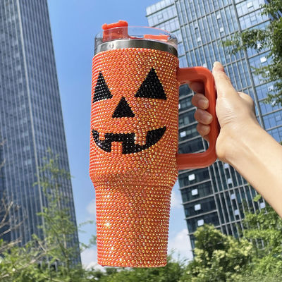 Σχεδίαση Halloween 40oz Rhinestone Tumbler με μοτίβο κολοκύθα και ανοξείδωτο χάλυβα